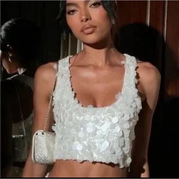 Meshki White Sequin Crop Top Tank M - Picture 1 of 6